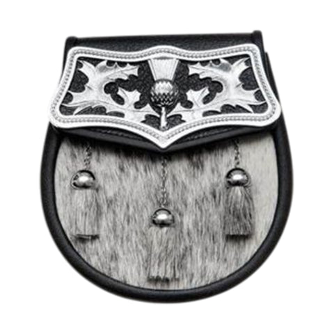 Semi Dress Black Calfskin Large Thistle Plate Sporran - Antique Finish