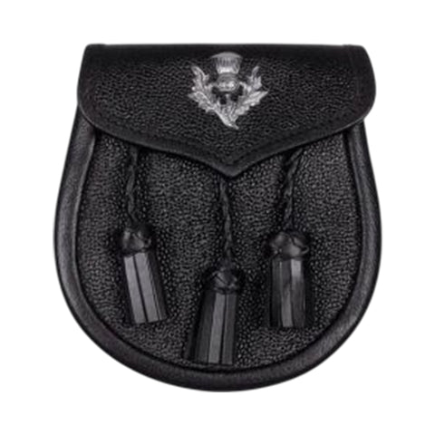 Black Leather Sporran With Thistle Emblem