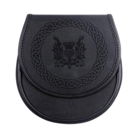 Black Leather Etched Sporran - Thistle Design