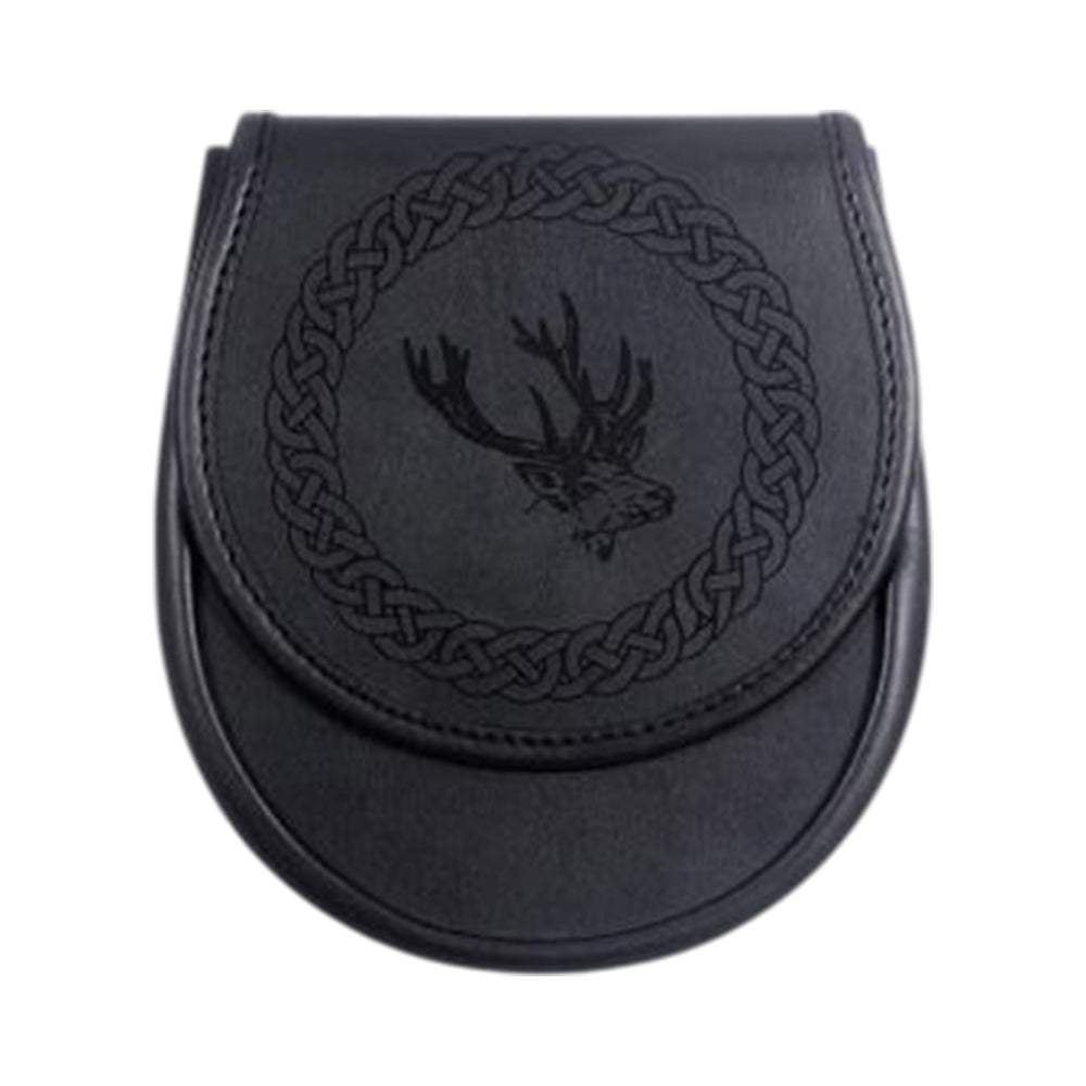 Black Leather Etched Sporran - Stag Design