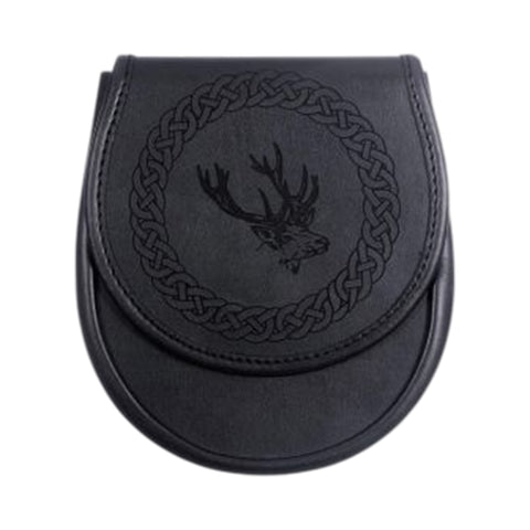 Black Leather Etched Sporran - Stag Design