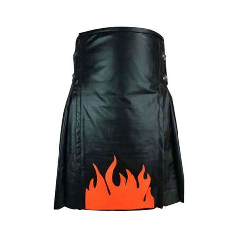 Genuine Fire Flame Black Leather Kilt