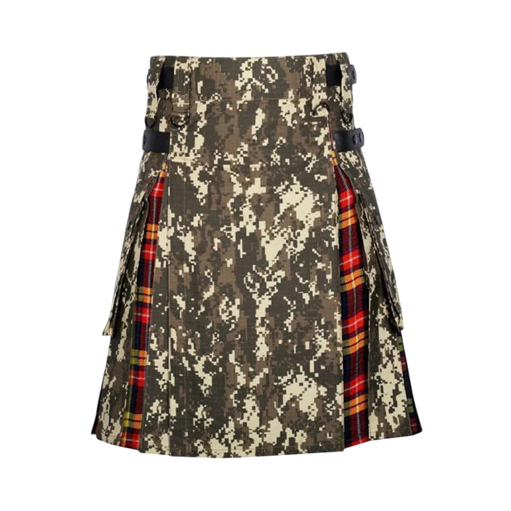 Digital Camo Buchanan Tartan Scottish Utility Cargo Hybrid Kilt