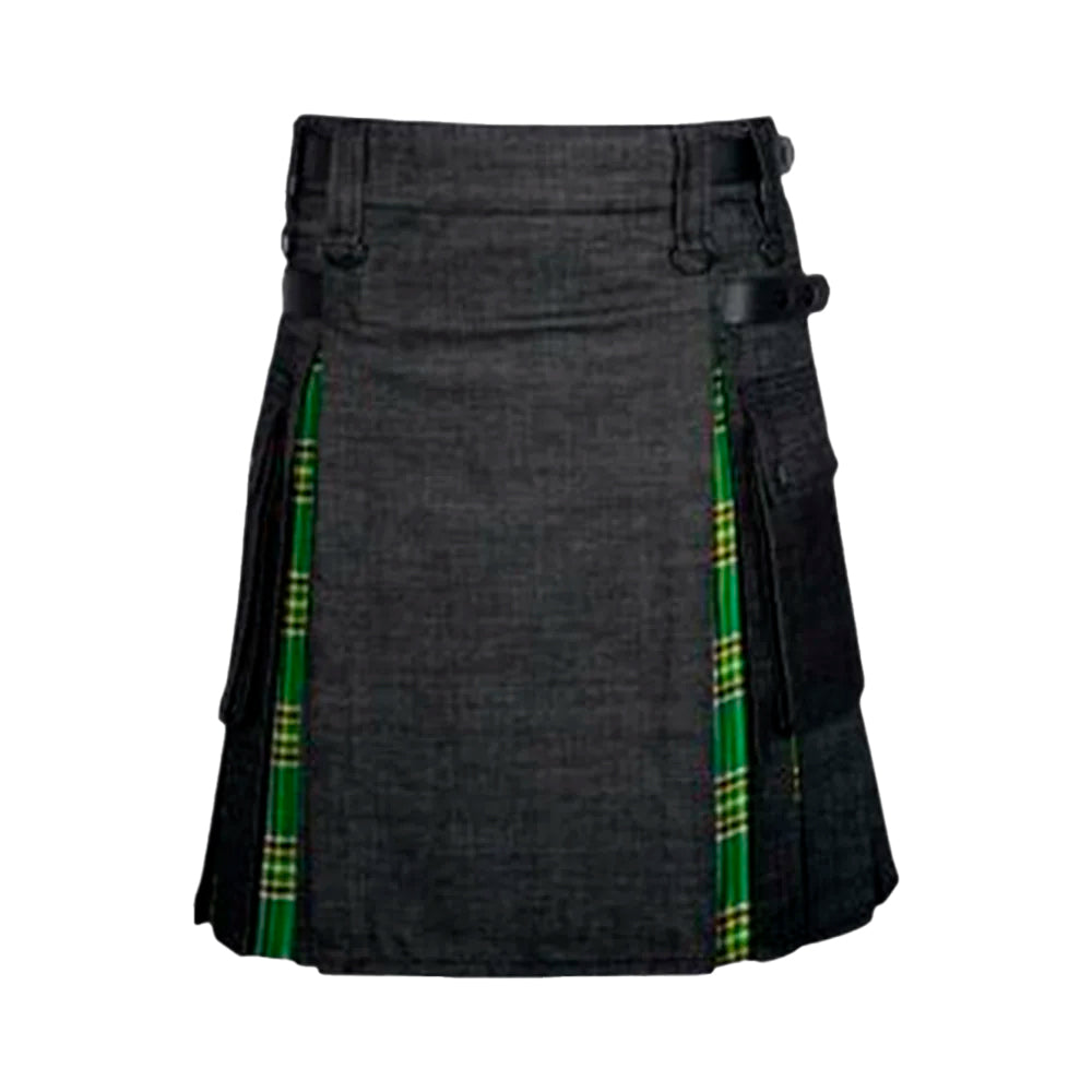 Black Denim Irish Tartan Scottish Utility Cargo Hybrid Kilt