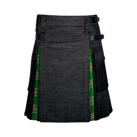 Black Denim Irish Tartan Scottish Utility Cargo Hybrid Kilt