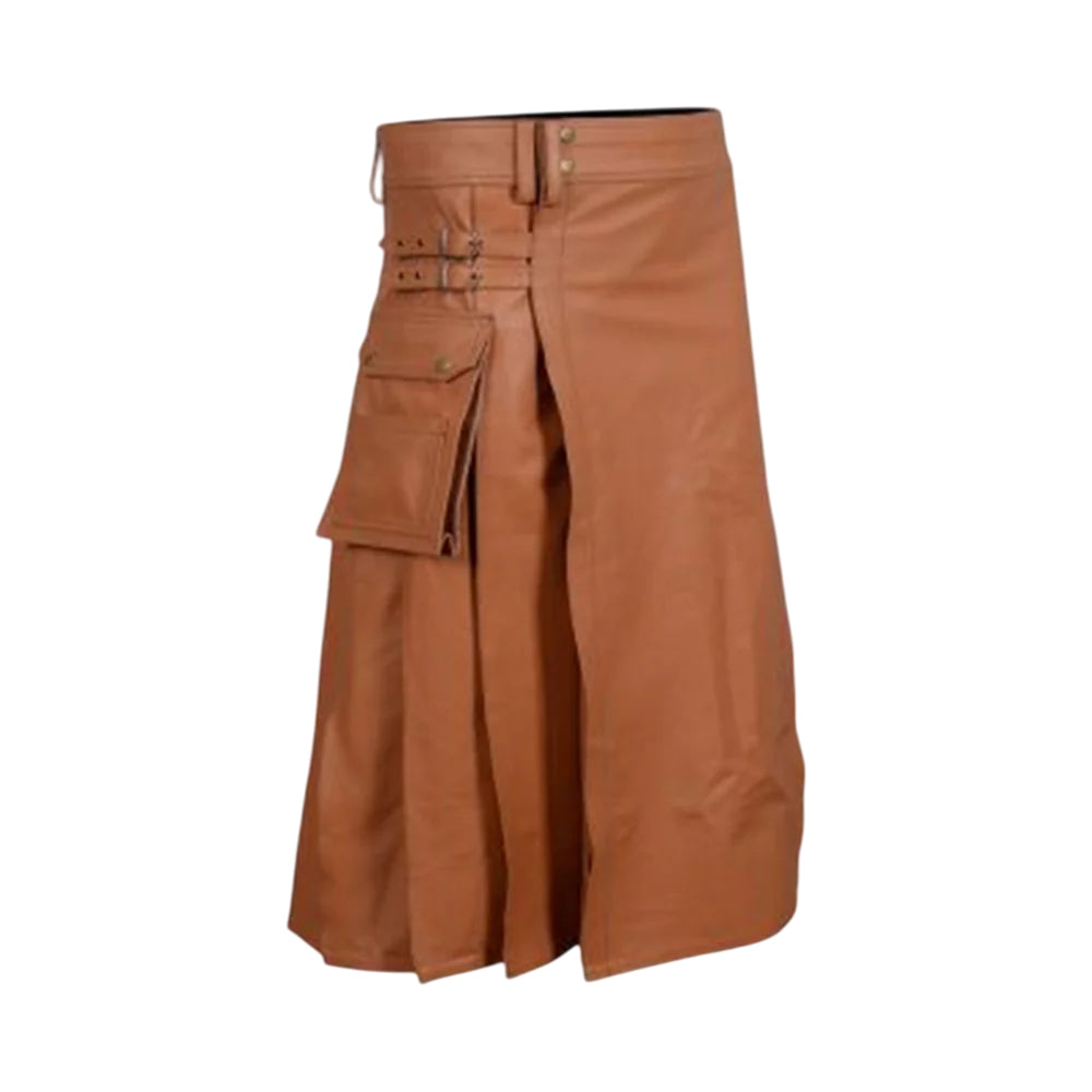 Brown Leather Utility Kilt For Men