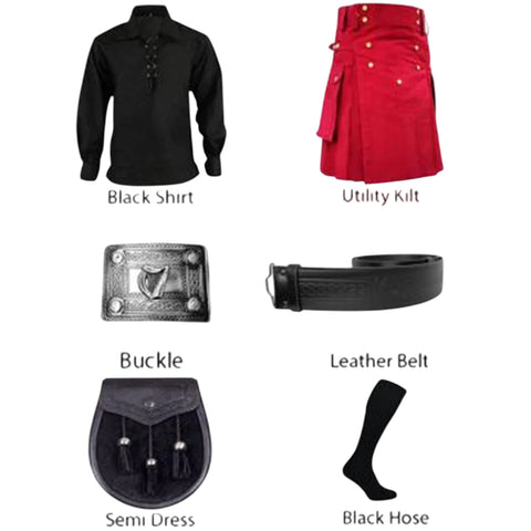 Red Utility Kilt & Black Shirt With Accessories Deal