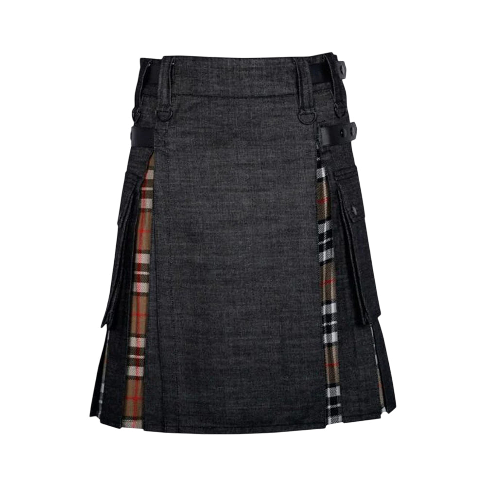 Black Denim Campbell of Thomson Tartan Scottish Utility Cargo Hybrid Kilt