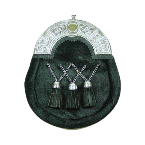Black Calfskin Cross Tassles Sporran With Chrome Celtic Cantle