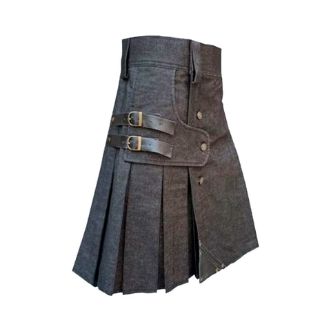 Black Denim Leather Strip Kilt For Men