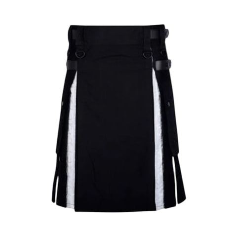 Hybrid Black Cotton Gothic Kilt Skirt with White Brocade Under Pleats